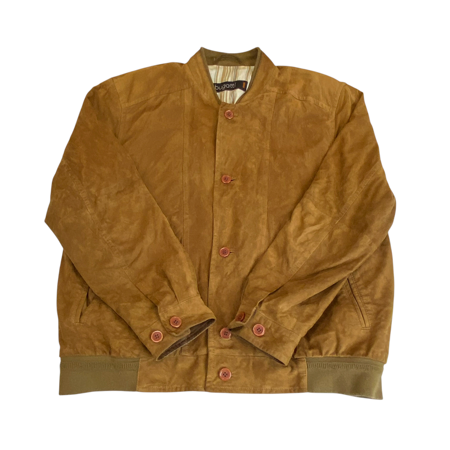 Bomber Jacket Mens M Brown Suede Leather Pockets Casual Long Sleeve Button Front