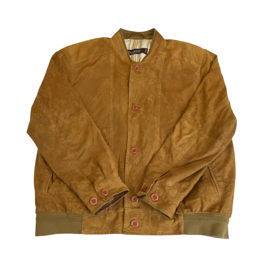 Bomber Jacket Mens M Brown Suede Leather Pockets Casual Long Sleeve Button Front