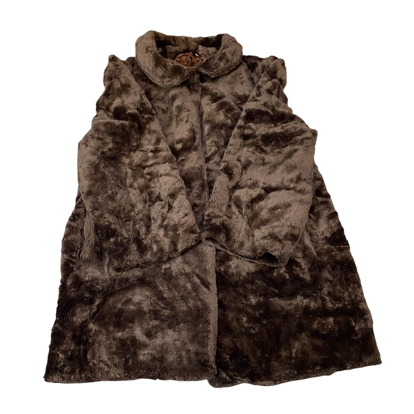 Womens Faux Fur Coat Large Brown Lined Plush Mid Length Long Sleeve Collared