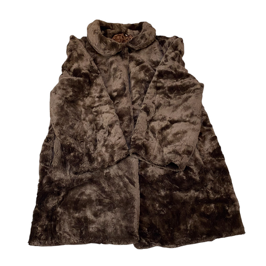 Womens Faux Fur Coat Large Brown Lined Plush Mid Length Long Sleeve Collared