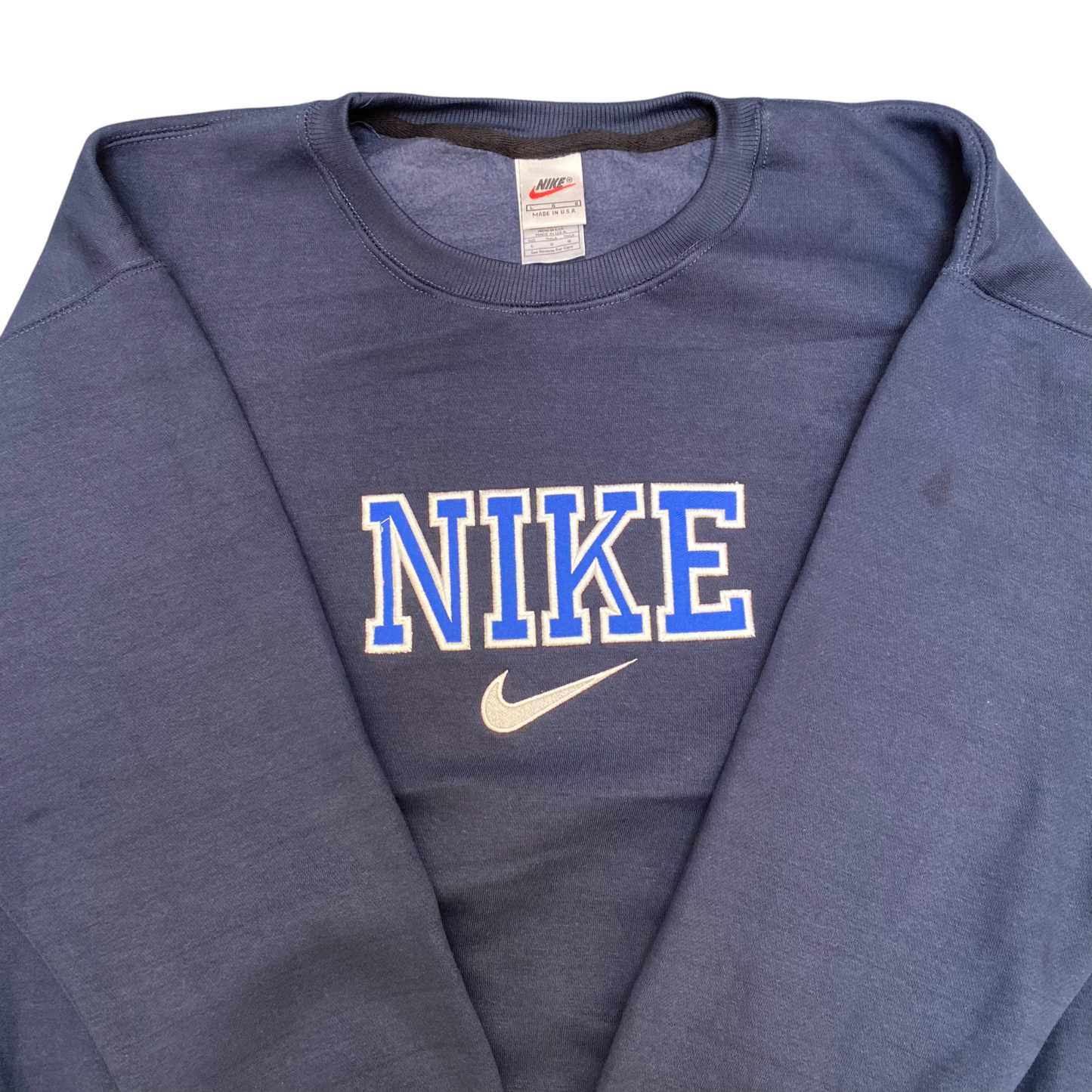 Nike Reworked Sweatshirt Mens L Blue Heather Embroidered Spellout Logo Crew Neck
