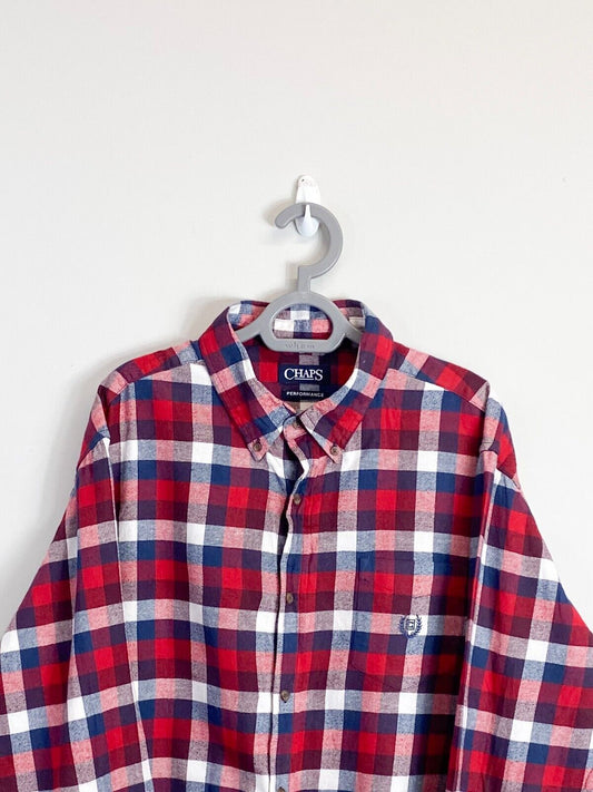 Chaps Shirt Men Large Red Checkered Performance Long Sleeve Collared Button Down