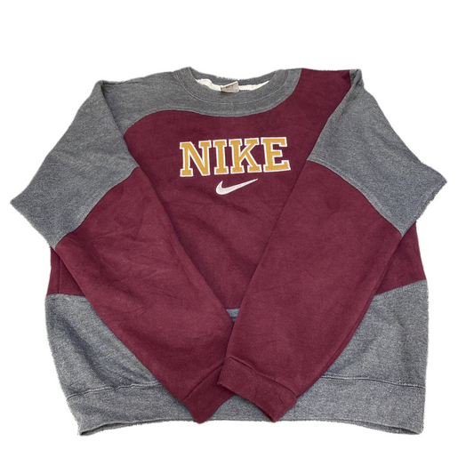 Nike Reworked Sweatshirt Mens L Grey Burgundy Embroidered Spellout Logo Vtg Y2K