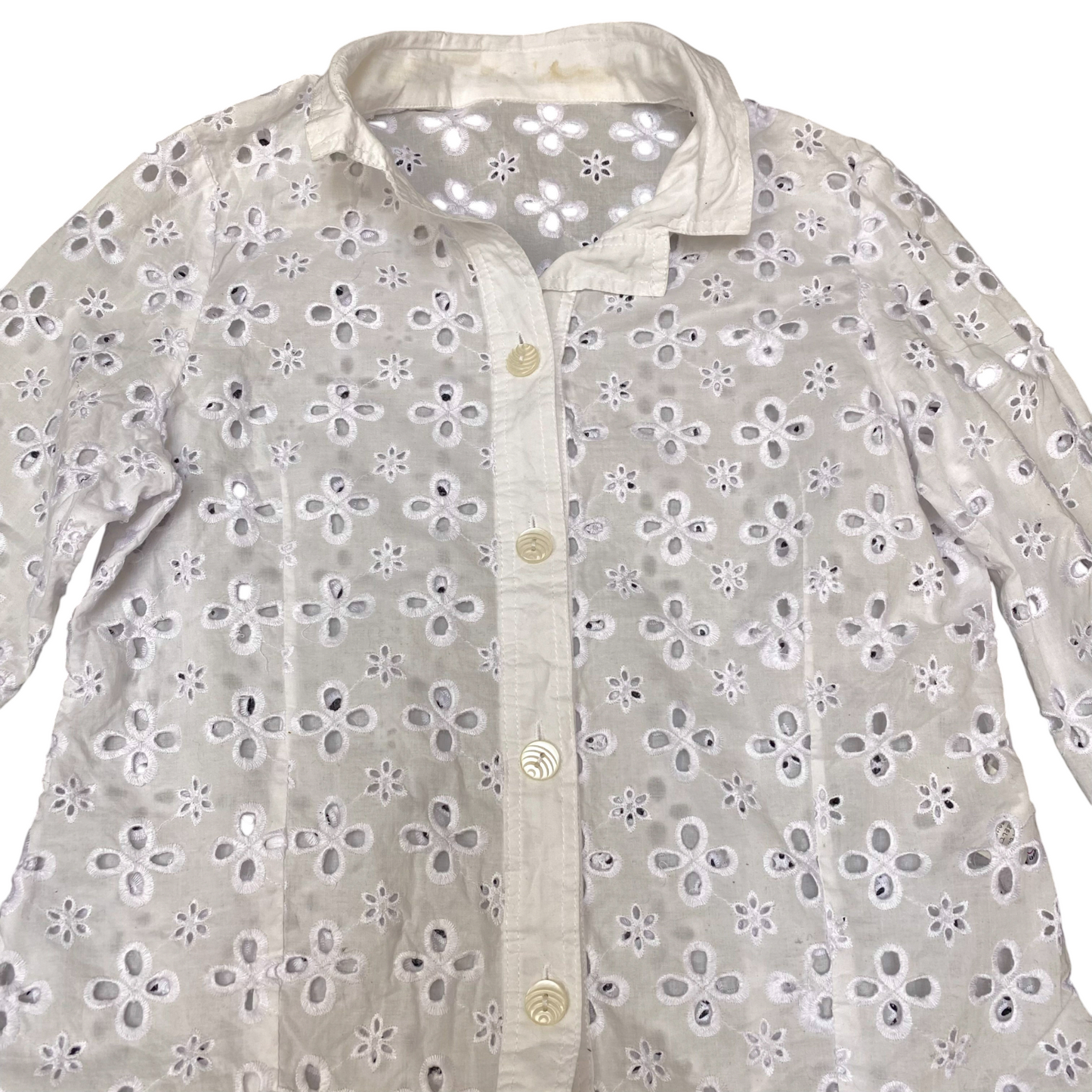Shirt Top Womens M White Eyelet Floral Long Sleeve Peplum Hem Button Down