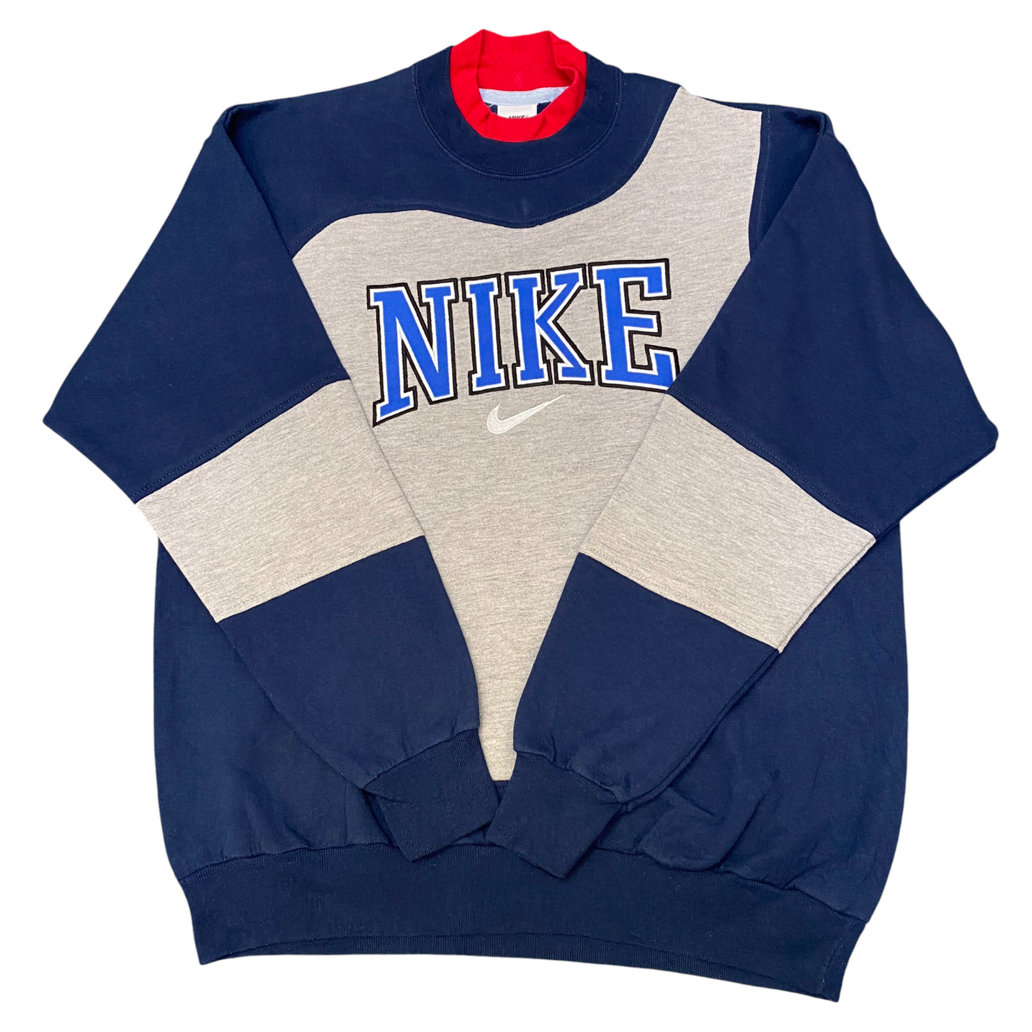 Nike Reworked Sweatshirt Mens L Blue Grey Embroidered Spellout Logo Crew Neck