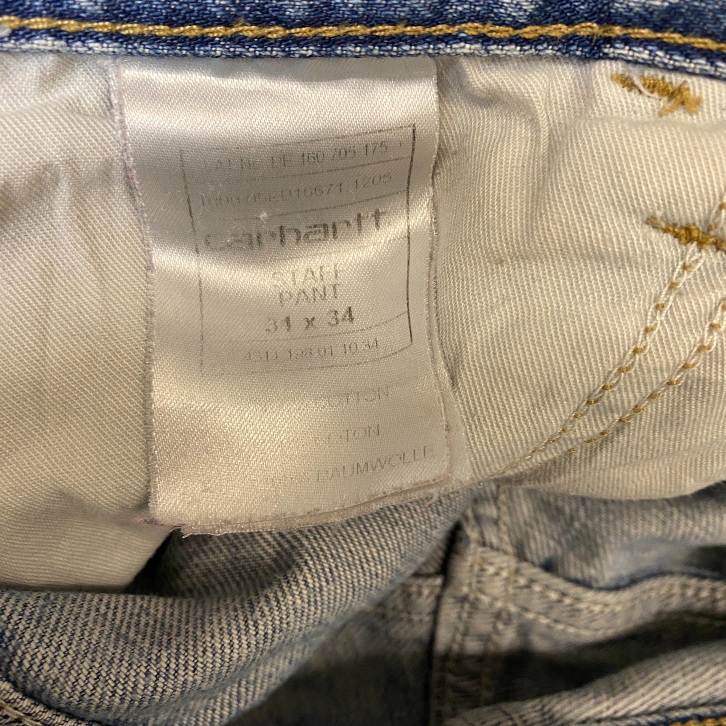 Carhartt Staff Pant Jeans Mens L Blue Denim Faded Streetwear Flat Front Raw Hem