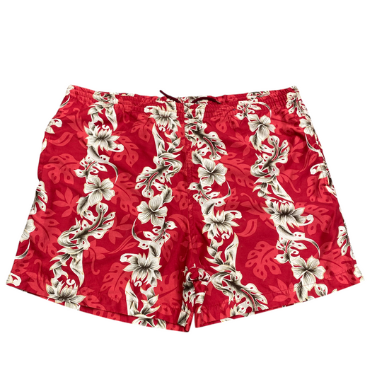 Baosen Swim Shorts Large Red Floral Stretch Elastic Waist Mesh Lined Drawstring