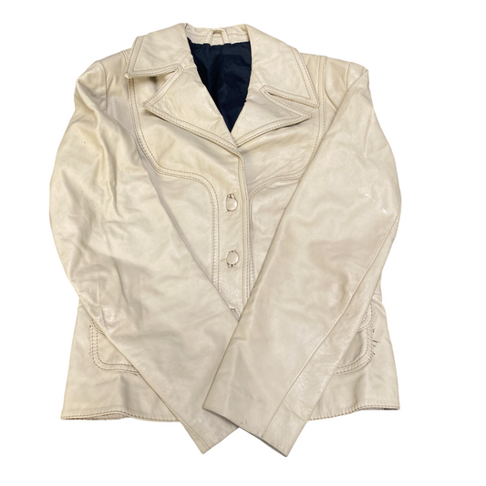 Women's Leather Blazer Jacket Medium Cream Formal Long Sleeve Single Breasted