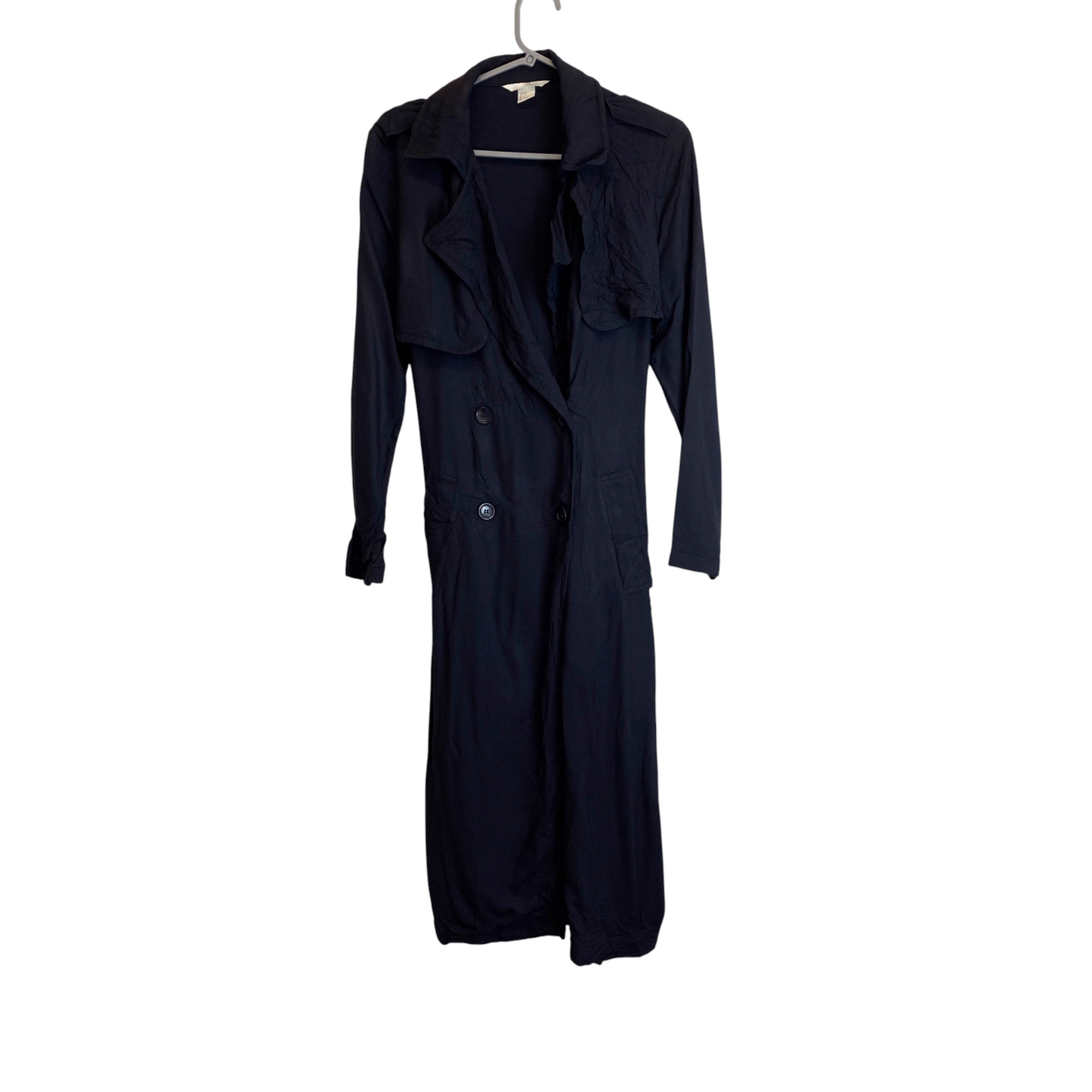 H&M Trench Coat Womens S Blue Pockets Long Sleeve Belted Button Front Outdoor