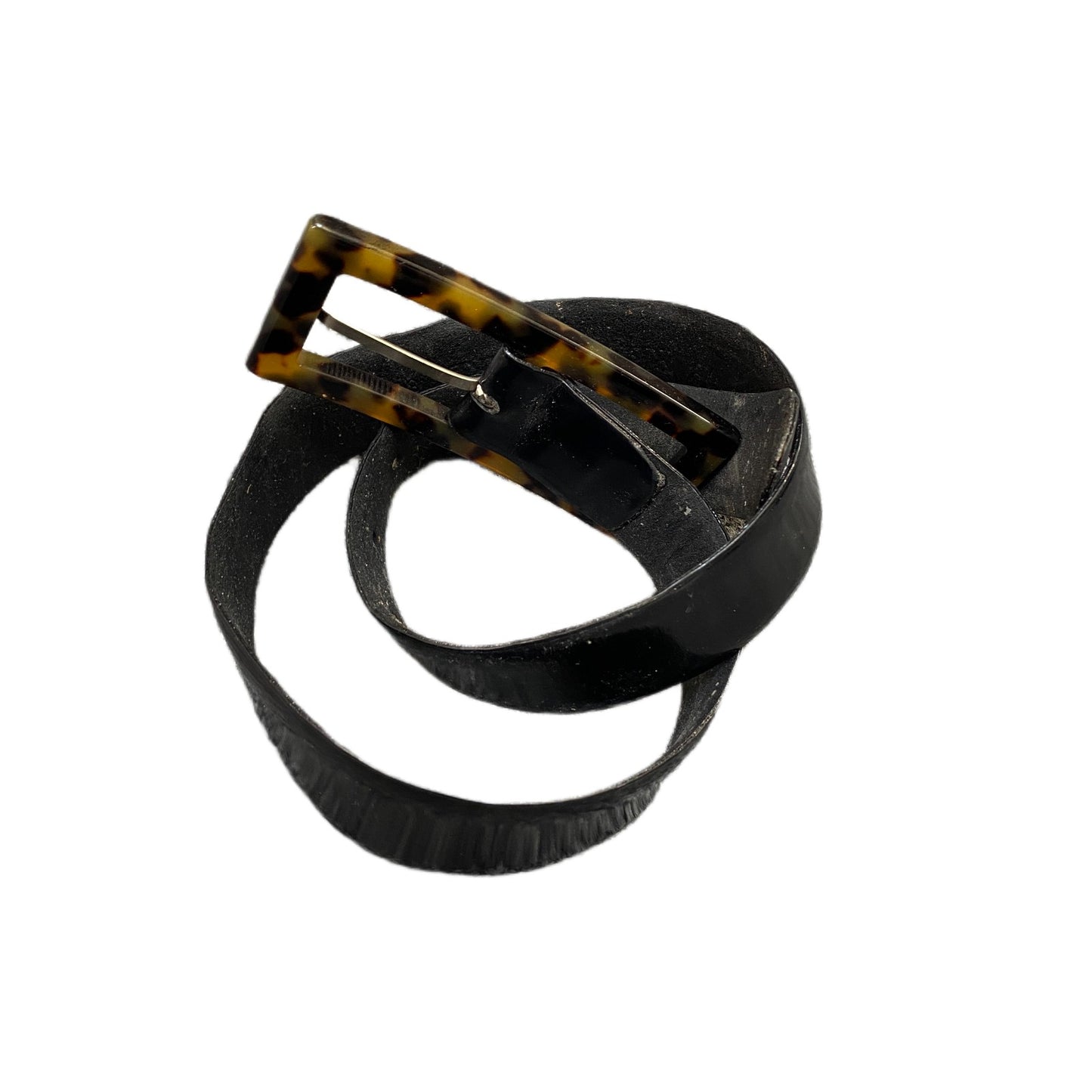 Rene Lezard Waist Belt Mens Black Leather Tortoise Shell Buckle 28.5 Inches
