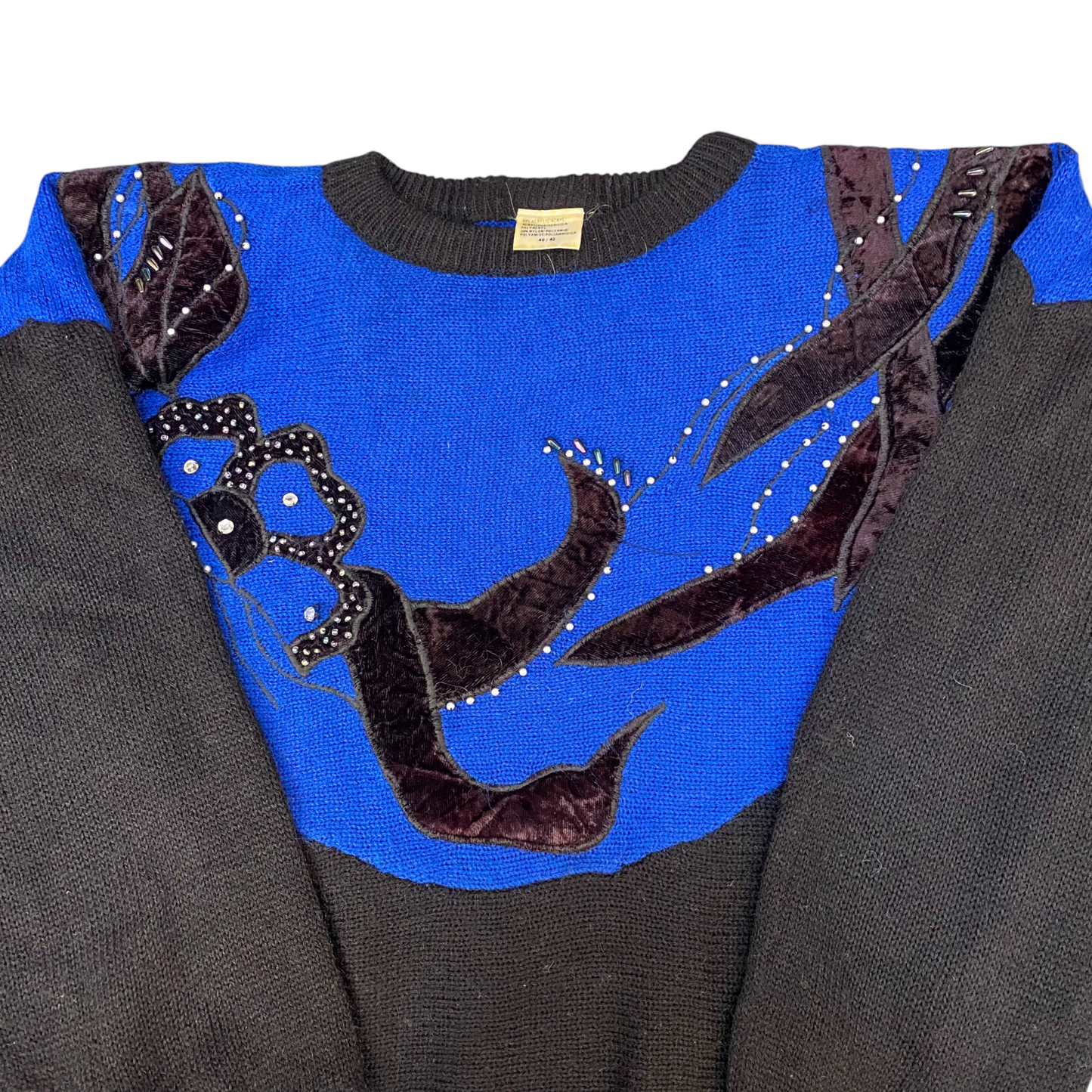 Jumper Womens Medium Blue Black Knit Beaded Embroidered Floral Long Sleeve