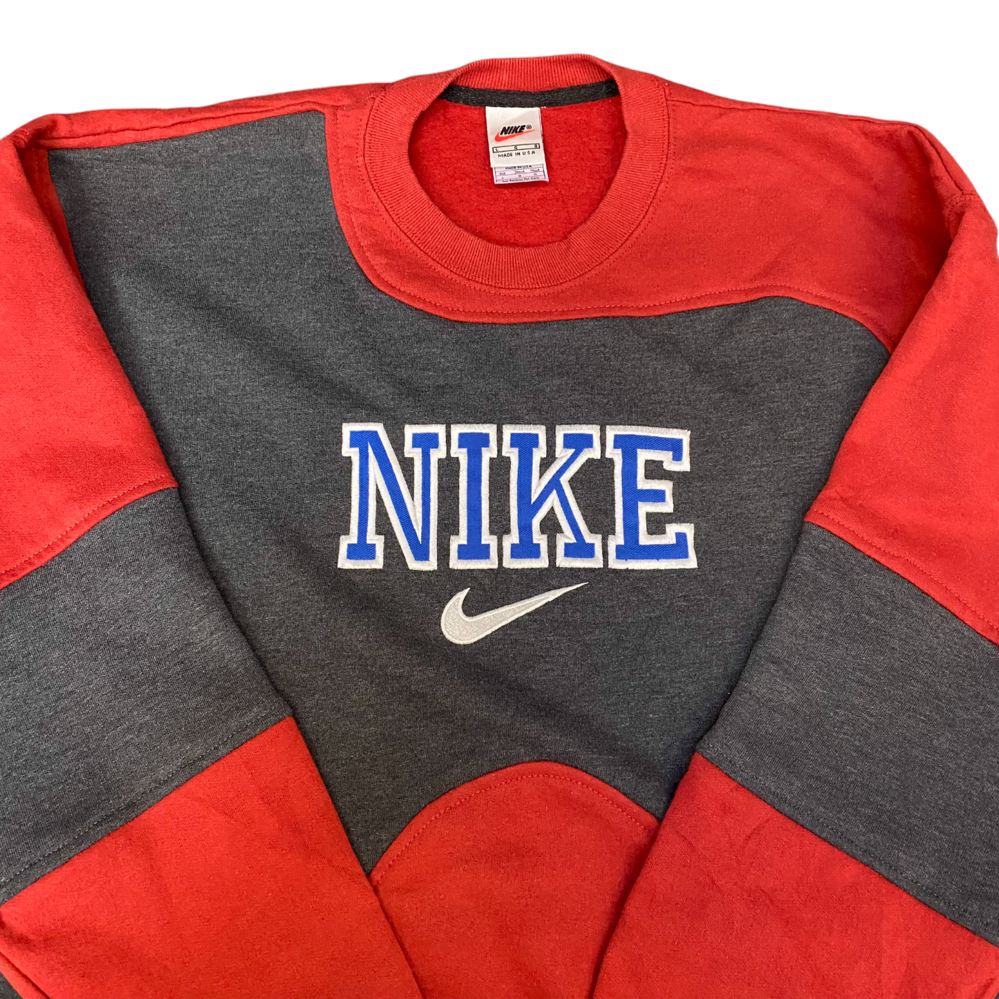 Nike Reworked Sweatshirt Mens Large Red Grey Embroidered Spellout Logo Vtg Y2K