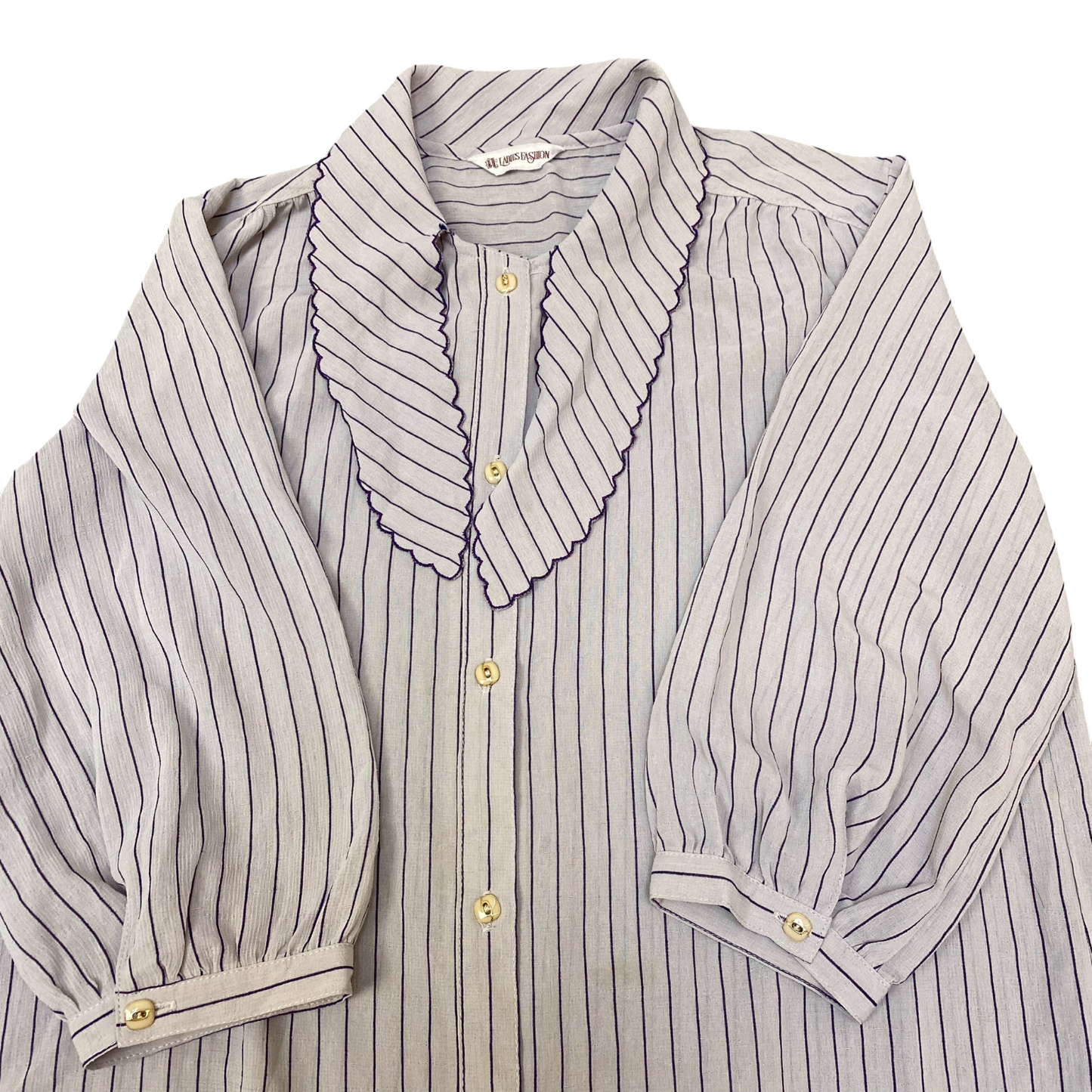 Blouse Top Womens M White Blue Striped Scallop Collared Long Sleeve Button Front