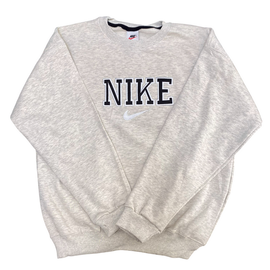 Nike Reworked Sweatshirt Mens M Grey Heather Embroidered Spellout Logo Crew Neck