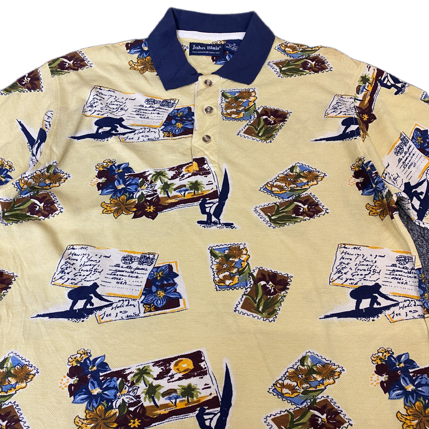 Vintage John Blair Polo Shirt Mens Medium Yellow All-Over Postcard Print Popover