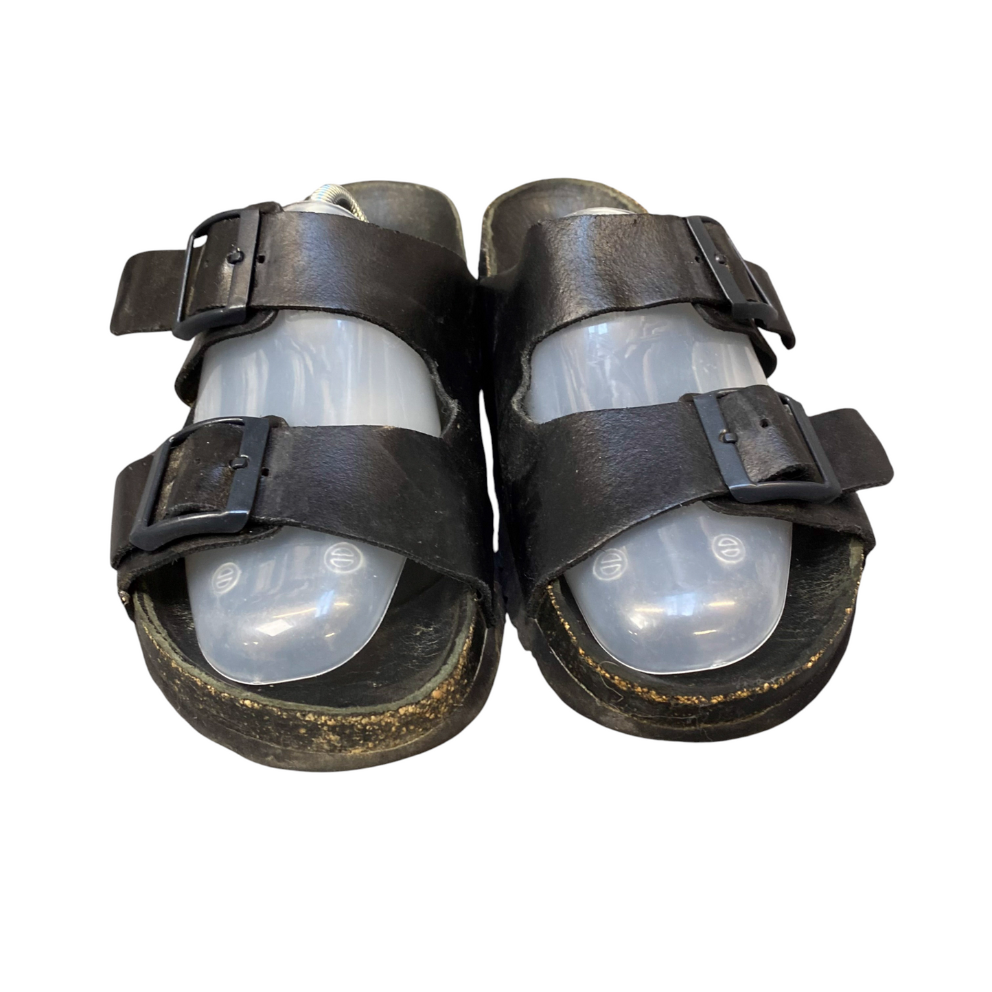 H&M Slide Sandals Mens UK 9.5 Black Genuine Leather Dual Buckle Strap Slip On