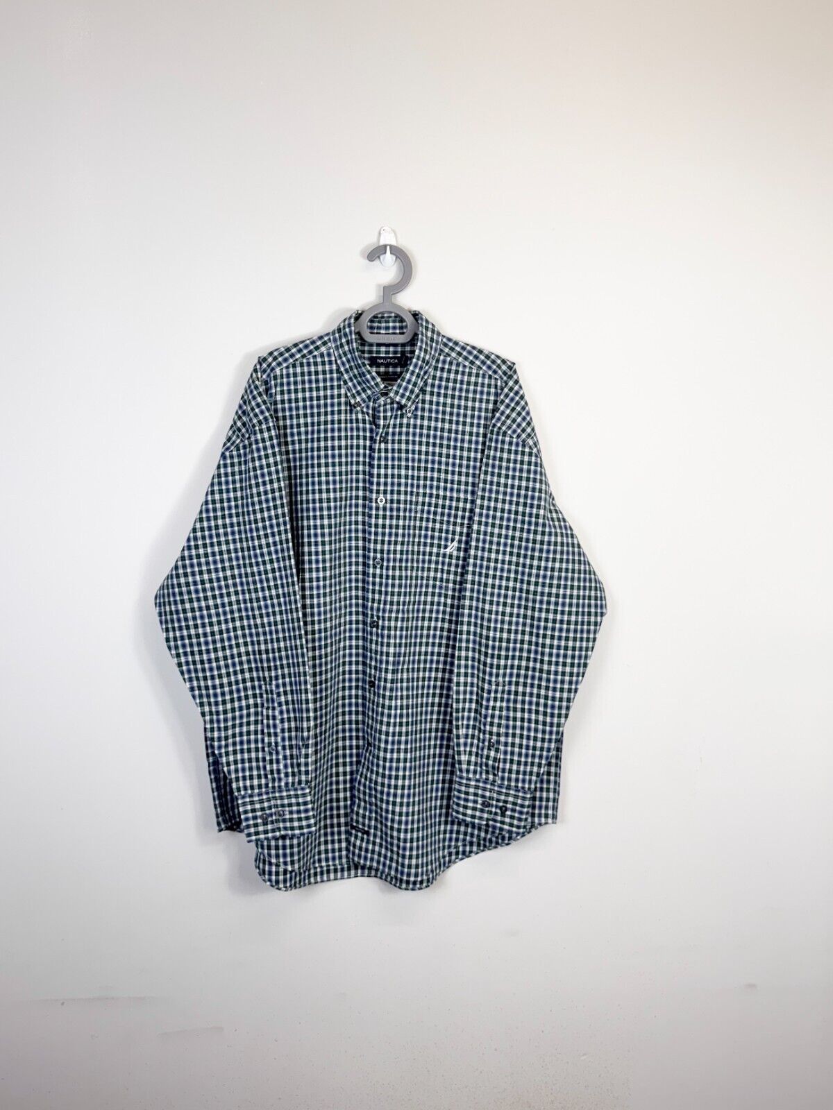 Nautica Shirt Mens XL Green Plaid Sanded Poplin Long Sleeve Collar Button Down