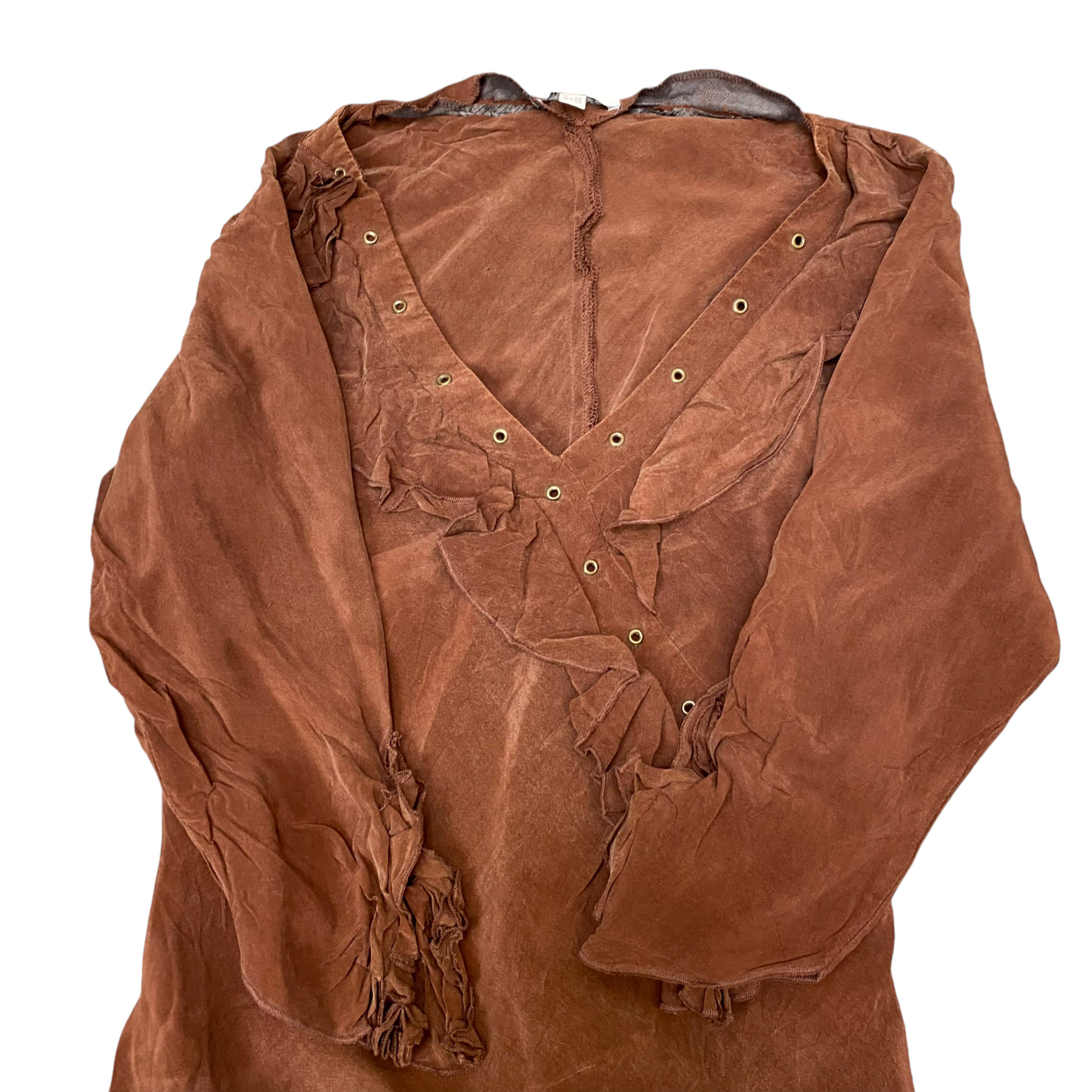 un deux trois Top Womens S Brown Solid Ruffle Detail Long Sleeve V Neck Pullover