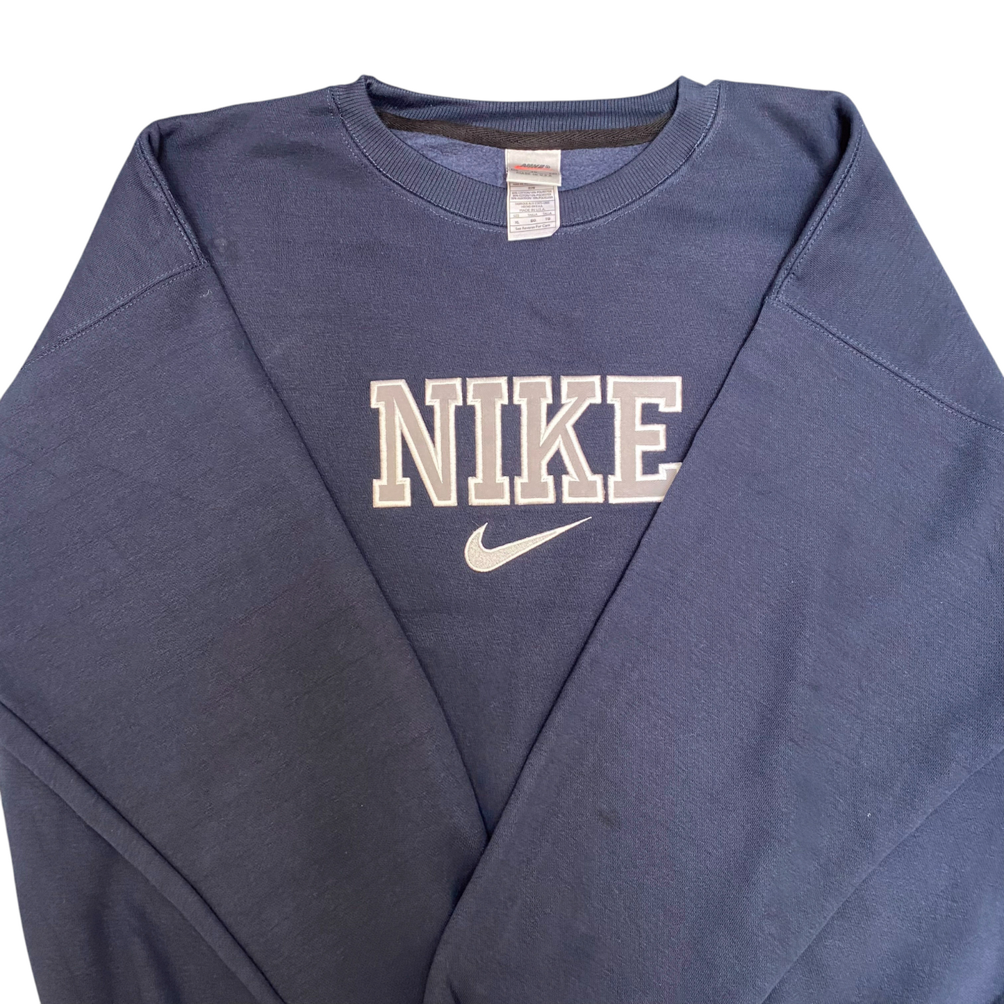 Nike Reworked Sweatshirt Men XL Blue Embroidered Spellout Logo Crew Neck Outdoor