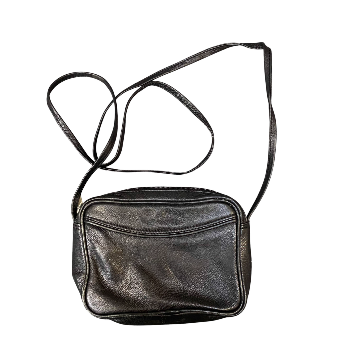 Womens Crossbody Bag Black Pebbled Leather Casual Outer Zip Pocket & Closure
