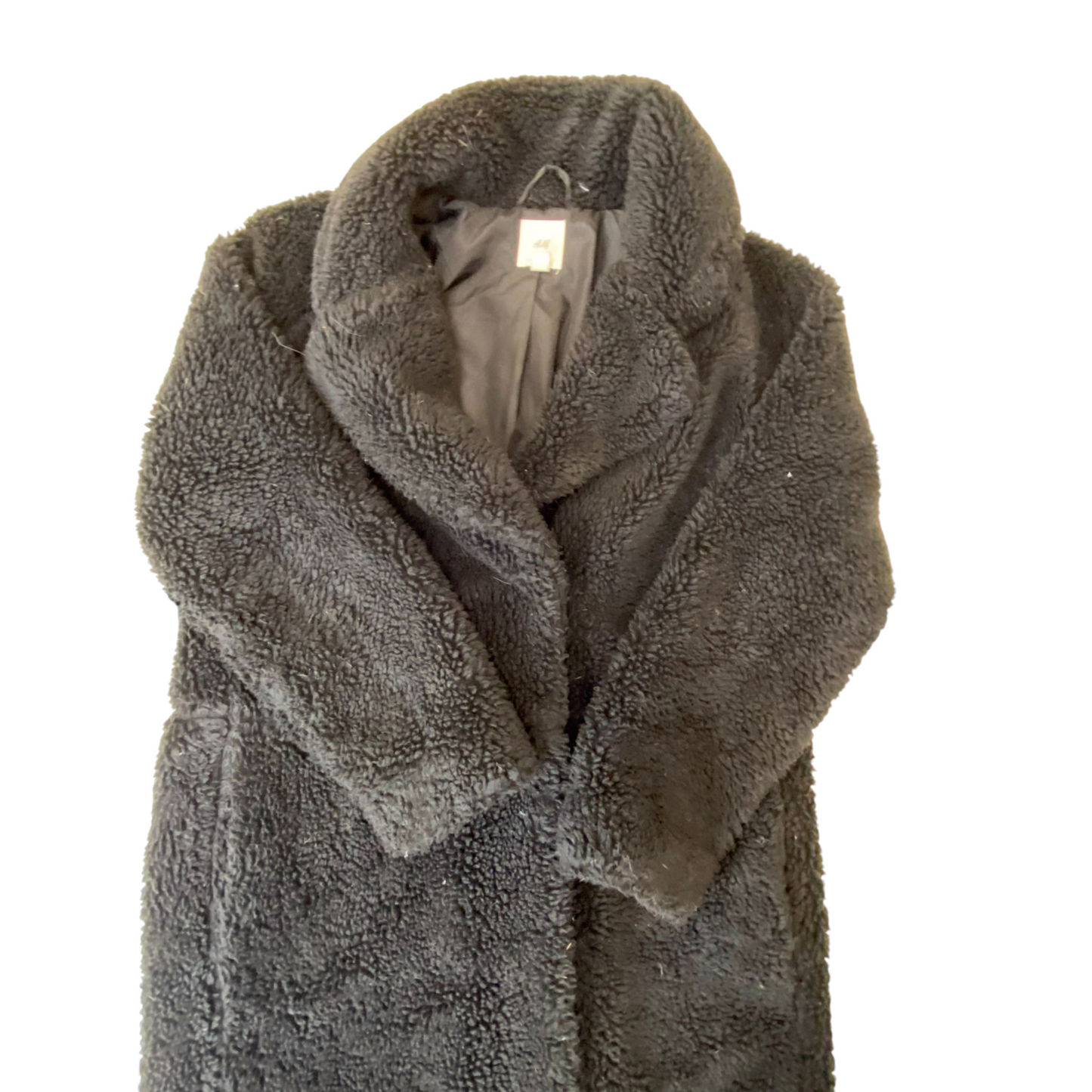 H&M Trench Coat Womens Medium Black Sherpa Fleece Notch Colla Warm Open Front