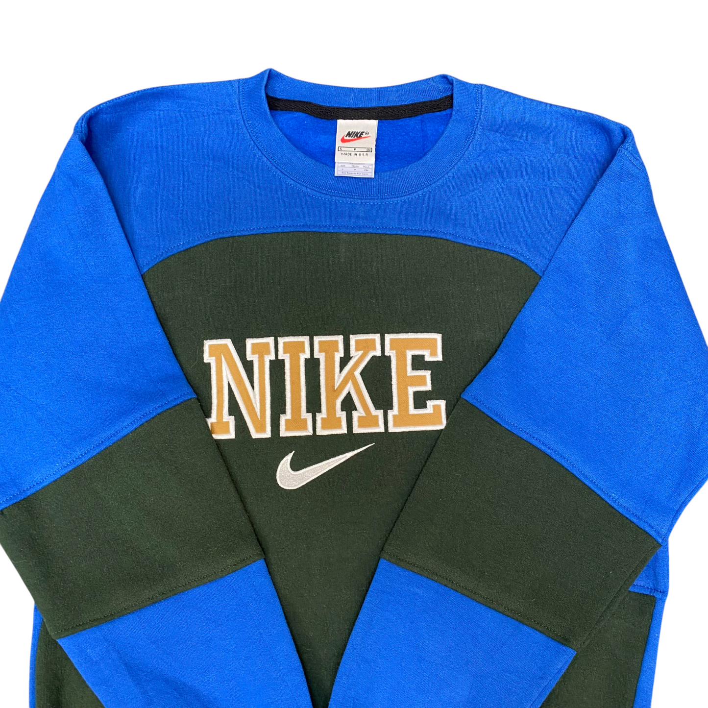 Nike Reworked Sweatshirt Mens Small Blue Green Embroidered Spell Out Logo Y2K