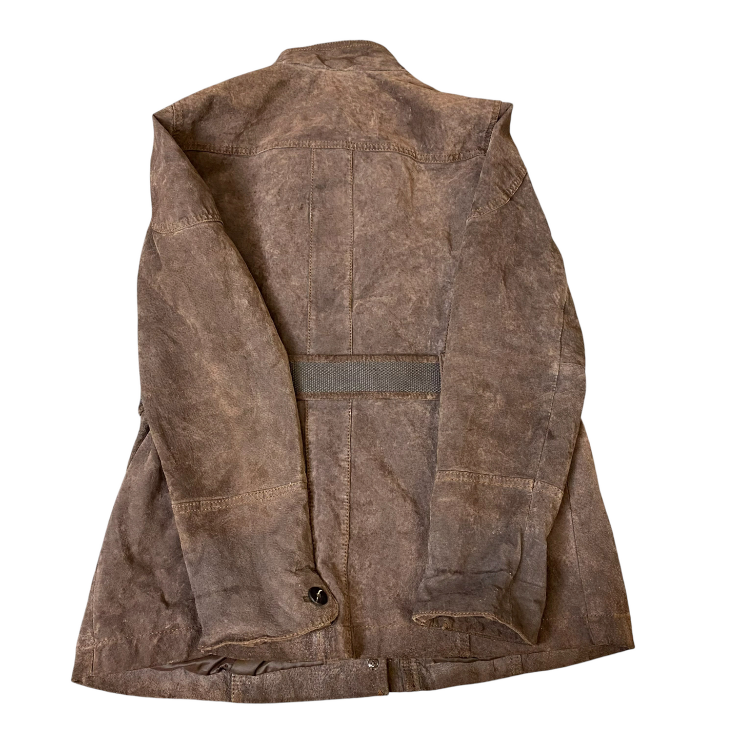 Yessica C&A Suede Leather Biker Jacket Womens L Brown Belted Waist Button Front