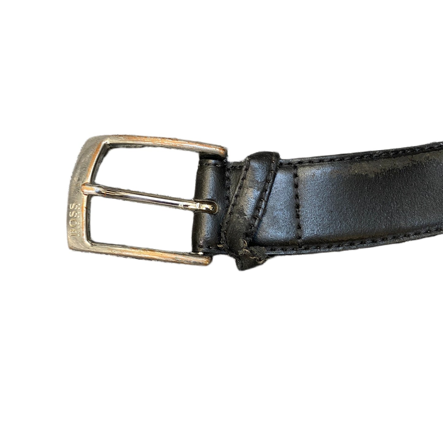 Hugo Boss Waist Belt Mens Black Leather Adjustable Silver Pin Buckle 43.5 Inches