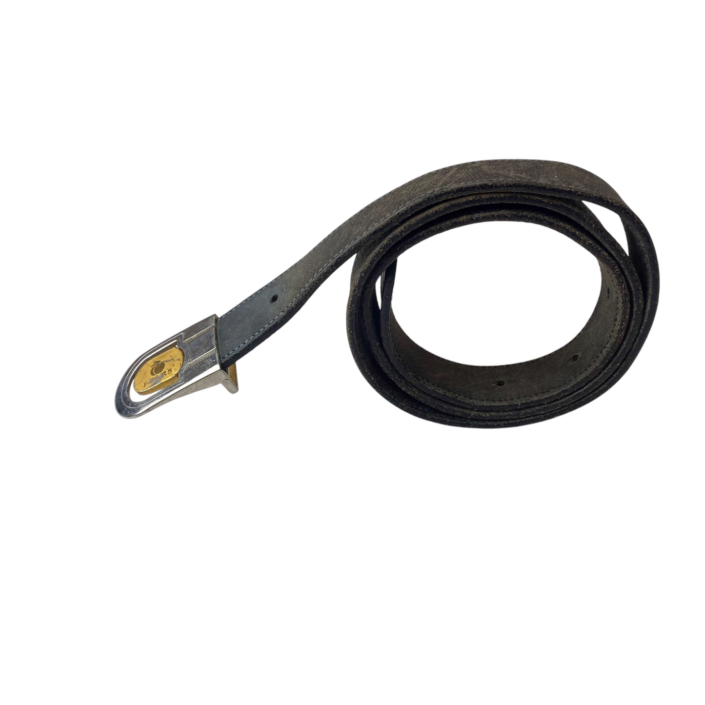 Prors Waist Belt Mens Black Leather Adjustable Silver Gold Buckle Size 39.5 in