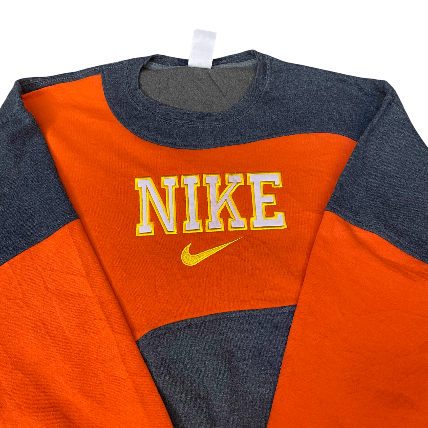 Nike Reworked Sweatshirt Men Large Orange Grey Embroidered Spellout Logo Vtg Y2K