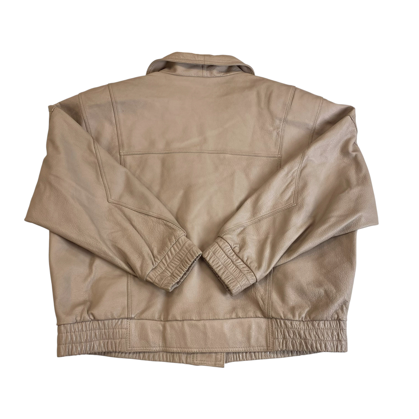 Womens Leather Jacket XL Beige Lined Long Sleeve Shawl Lapel Snap Button