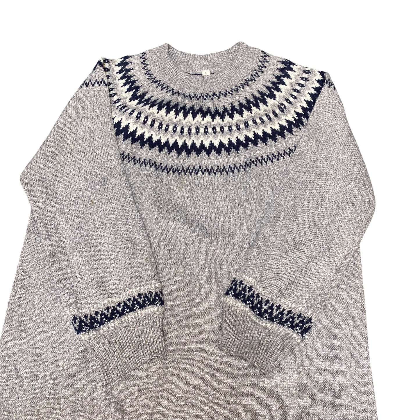 Sweater Dress Womens Large Grey Blue Fair Isle Nordic Warm Winter Pullover