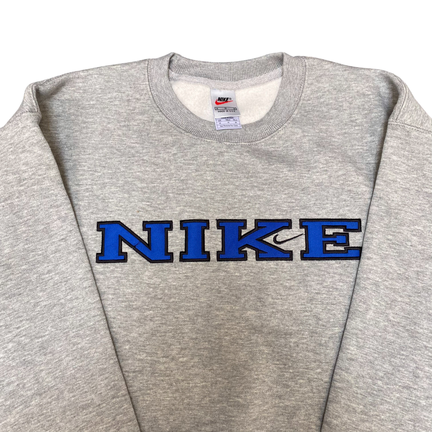 Nike Reworked Sweatshirt Mens Medium Grey Embroidered Spell Out Logo Crew Neck