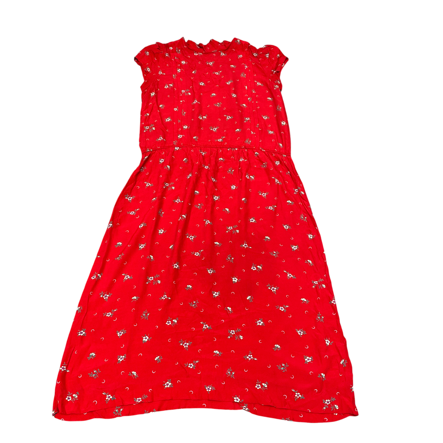 Shift Dress Womens M Red Floral Pleated Ruffle Cap Sleeve Round Neck Back Zip
