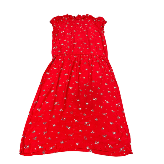 Shift Dress Womens M Red Floral Pleated Ruffle Cap Sleeve Round Neck Back Zip