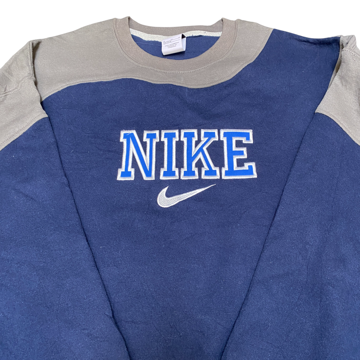 Nike Reworked Sweatshirt Mens XL Navy Grey Embroidered Spellout Logo Vintage Y2K