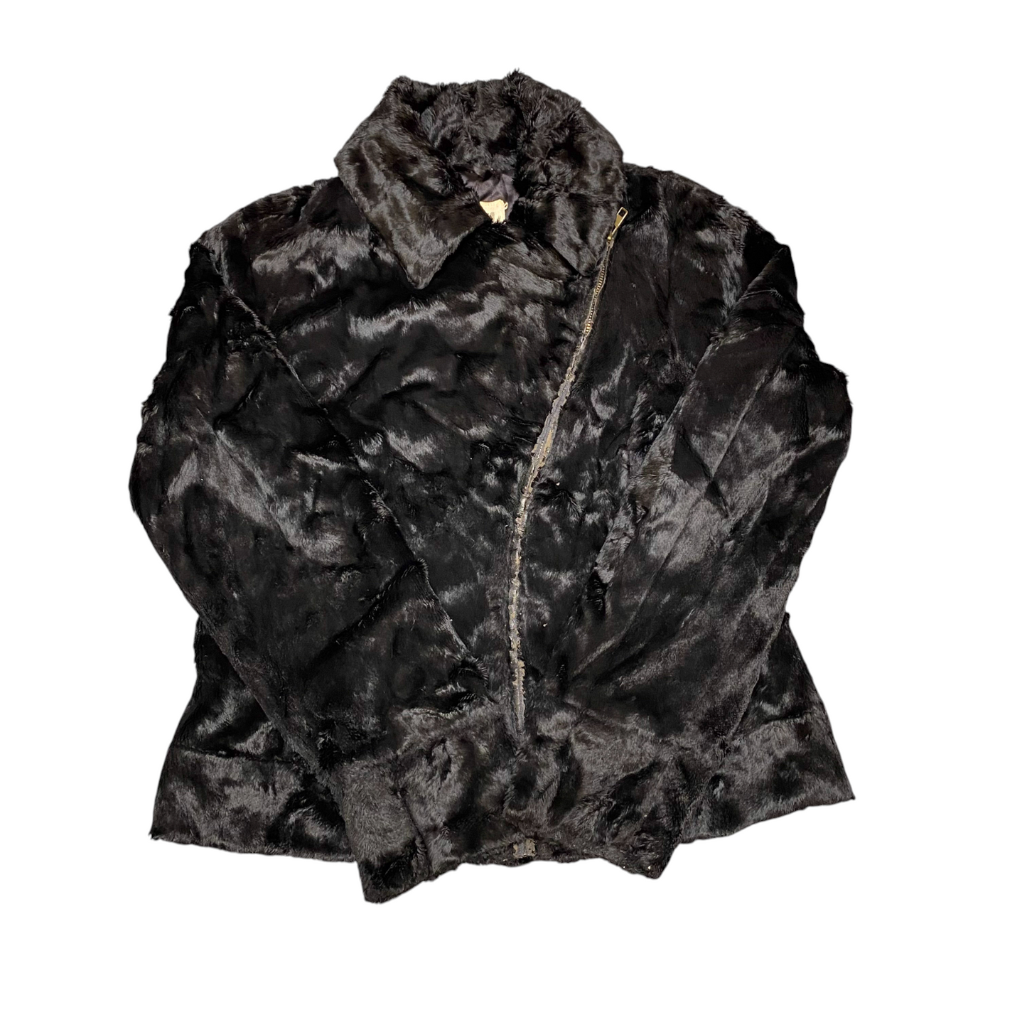 Rebel by Rino & Pelle Faux Fur Jacket Womens M Black Collared Asymmetrical Zip