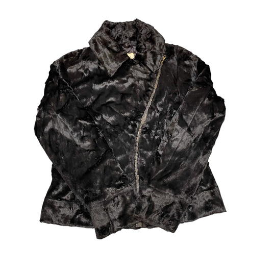 Rebel by Rino & Pelle Faux Fur Jacket Womens M Black Collared Asymmetrical Zip
