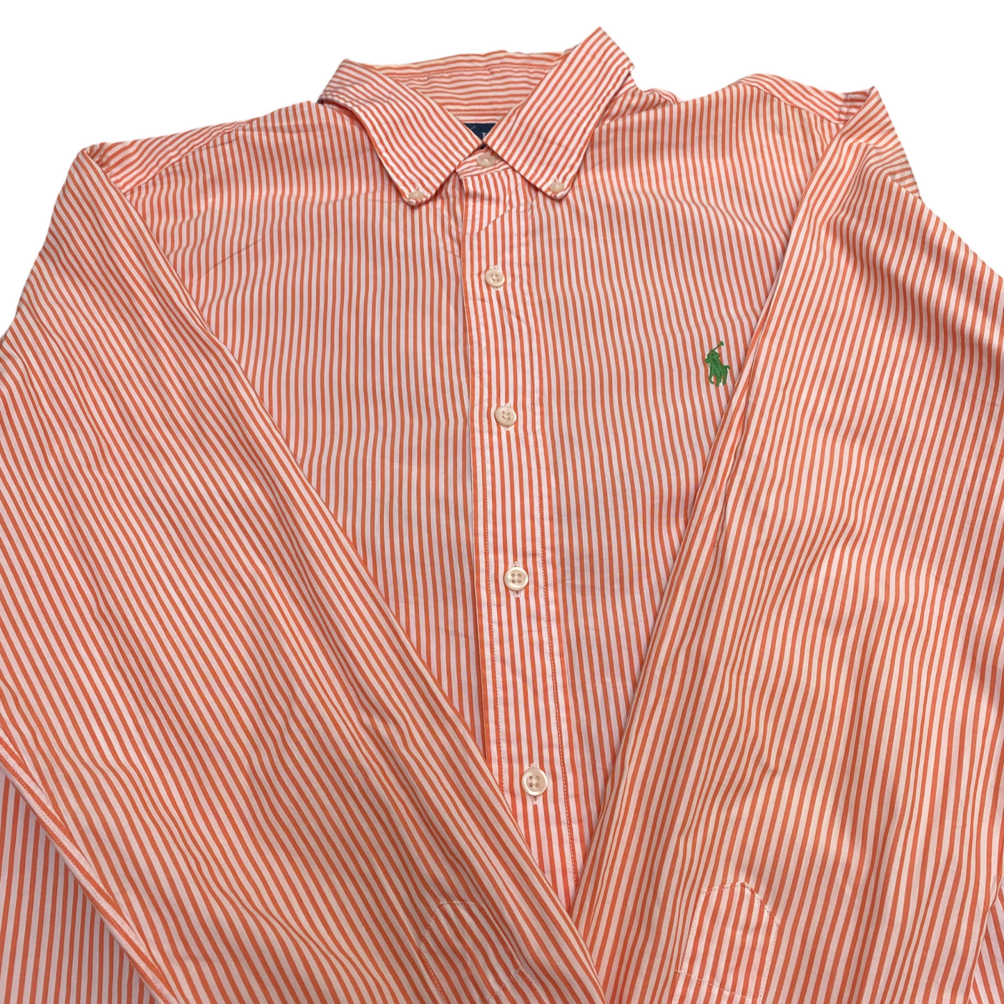 Ralph Lauren Shirt Mens Medium Orange Striped Long Sleeve Small Green Pony Logo