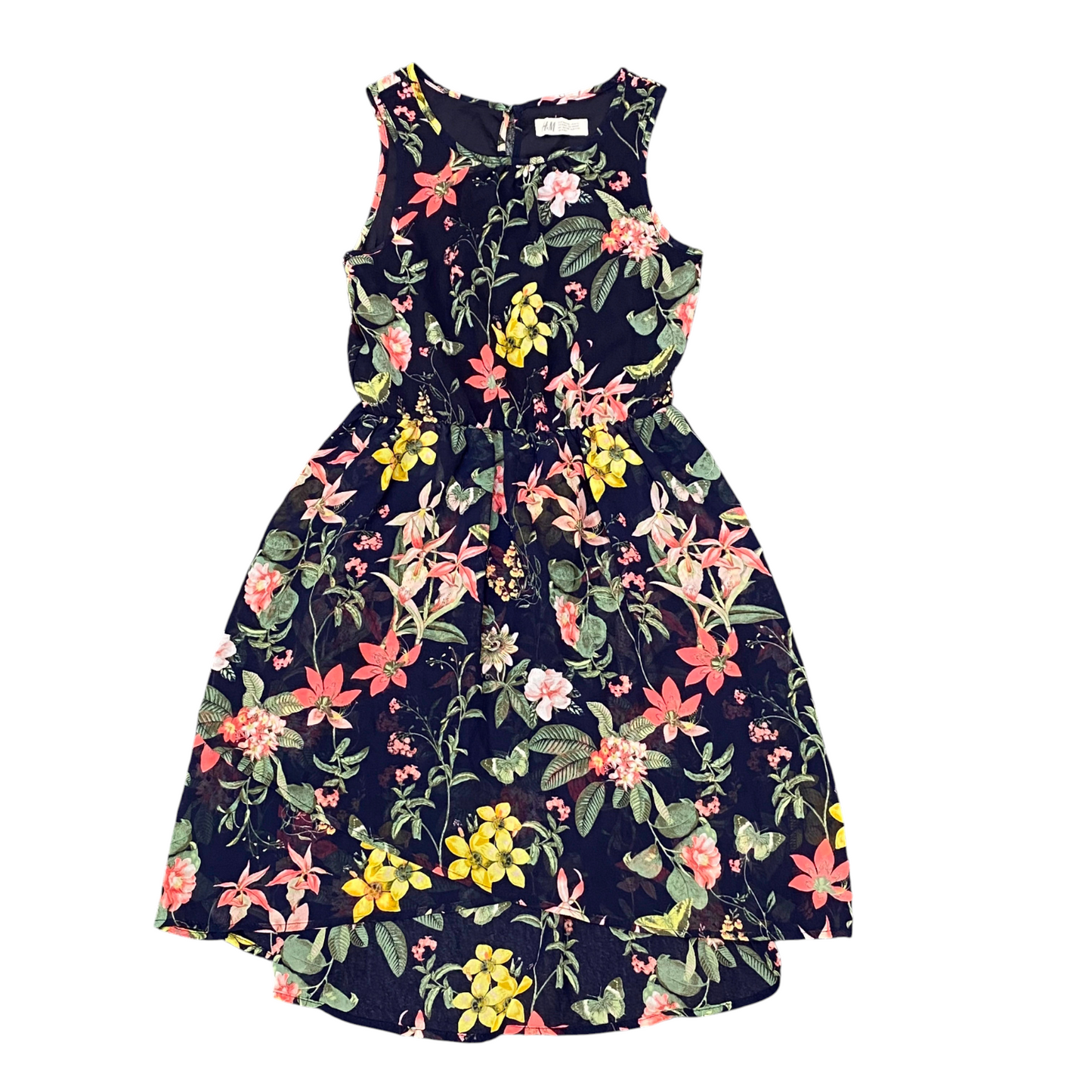 H&M Tank Dress Girls S Blue Floral Pleated Sleeveless Round Neck Keyhole Back