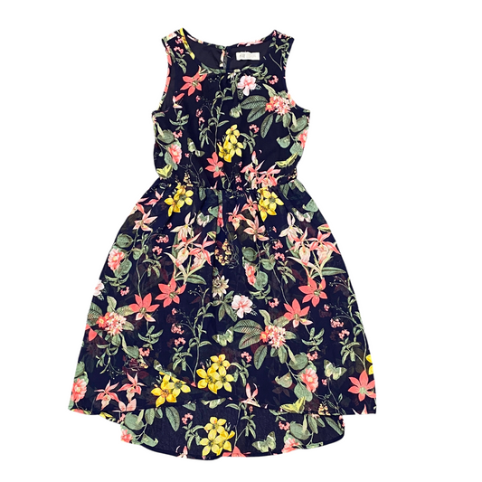 H&M Tank Dress Girls S Blue Floral Pleated Sleeveless Round Neck Keyhole Back