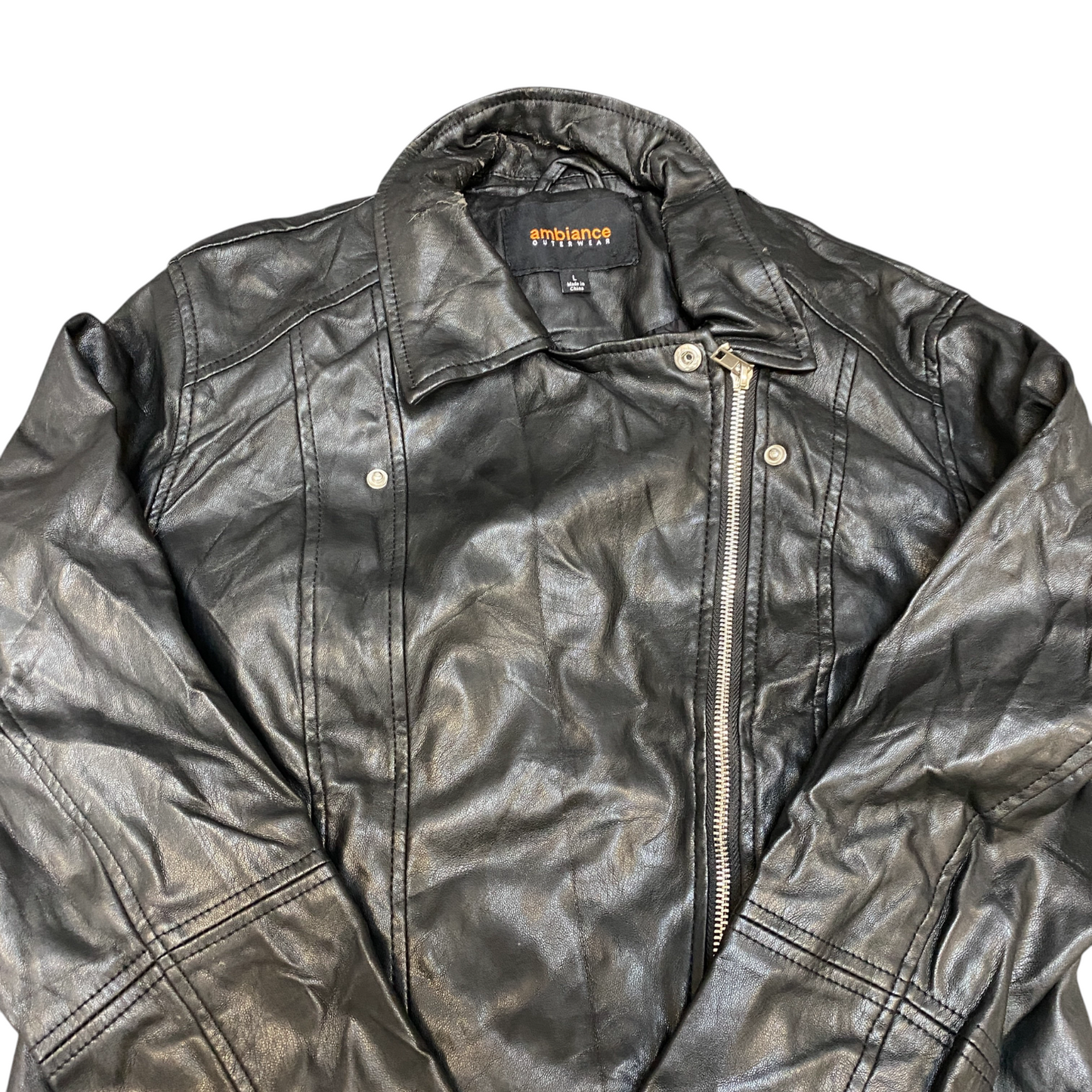 Ambiance Leather Biker Jacket Womens Large Black Lined Collared Asymmetrical Zip