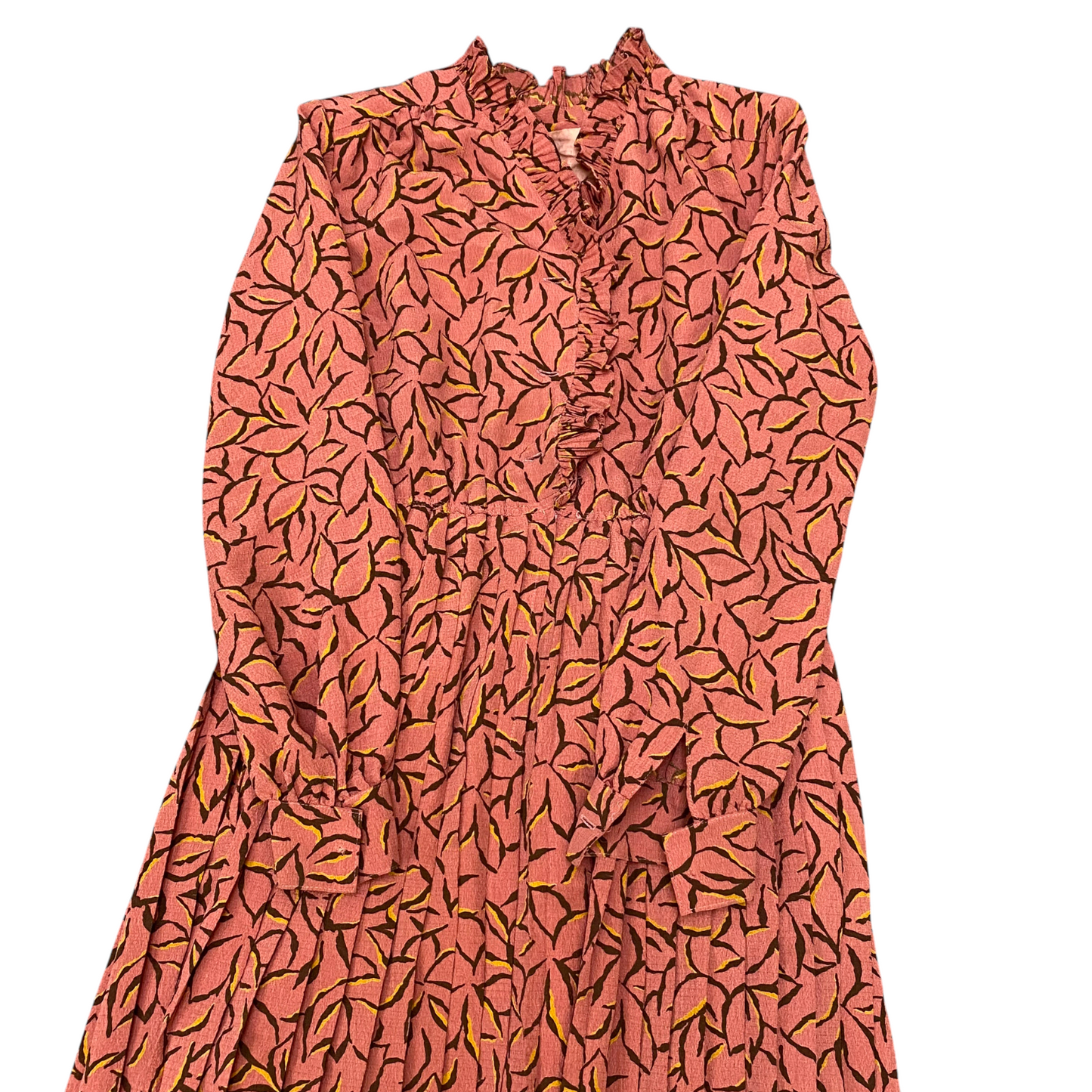 Womens Maxi Dress S Pink Geometric Pleated Ruffle Trim Long Sleeve Button Front