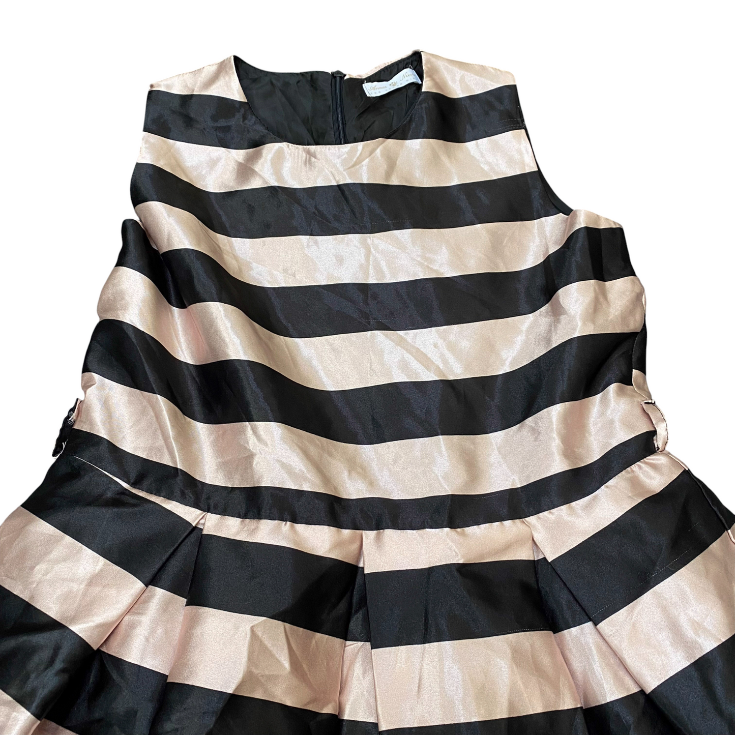Annes Nicole Short Dress Womens S Cream Black Stripe Pleated Sleeveless Back Zip