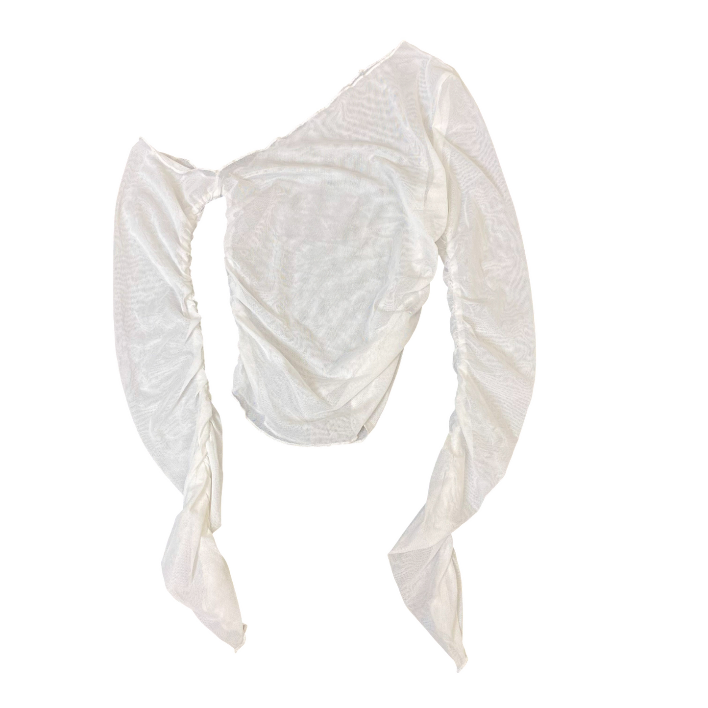 Blouse Top Womens S White Sheer Mesh Solid One Shoulder Long Sleeve Pullover