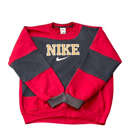 Nike Reworked Sweatshirt Mens Medium Red Grey Spellout Logo Crew Neck Vtg Y2K