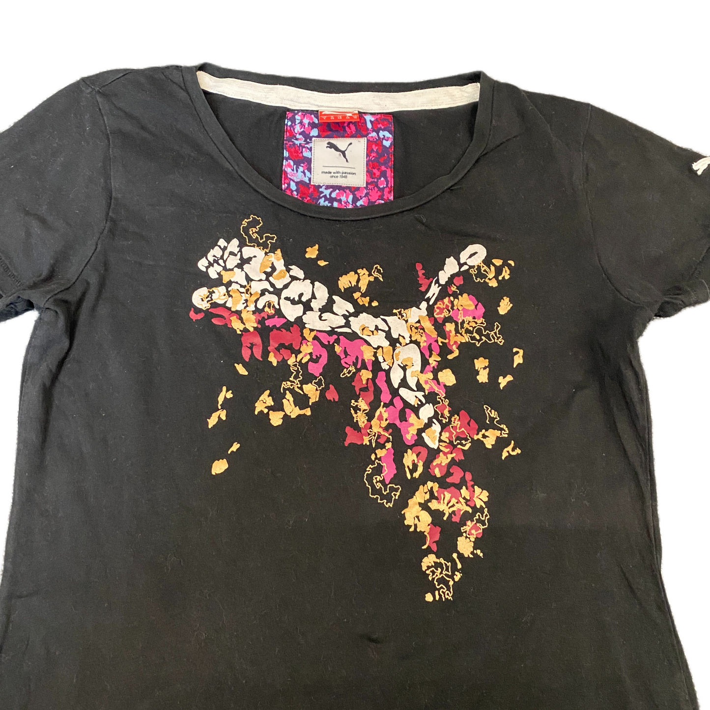 PUMA T-Shirt Girls S Black Leopard Graphic Short Sleeve Crew Neck Pullover Tee