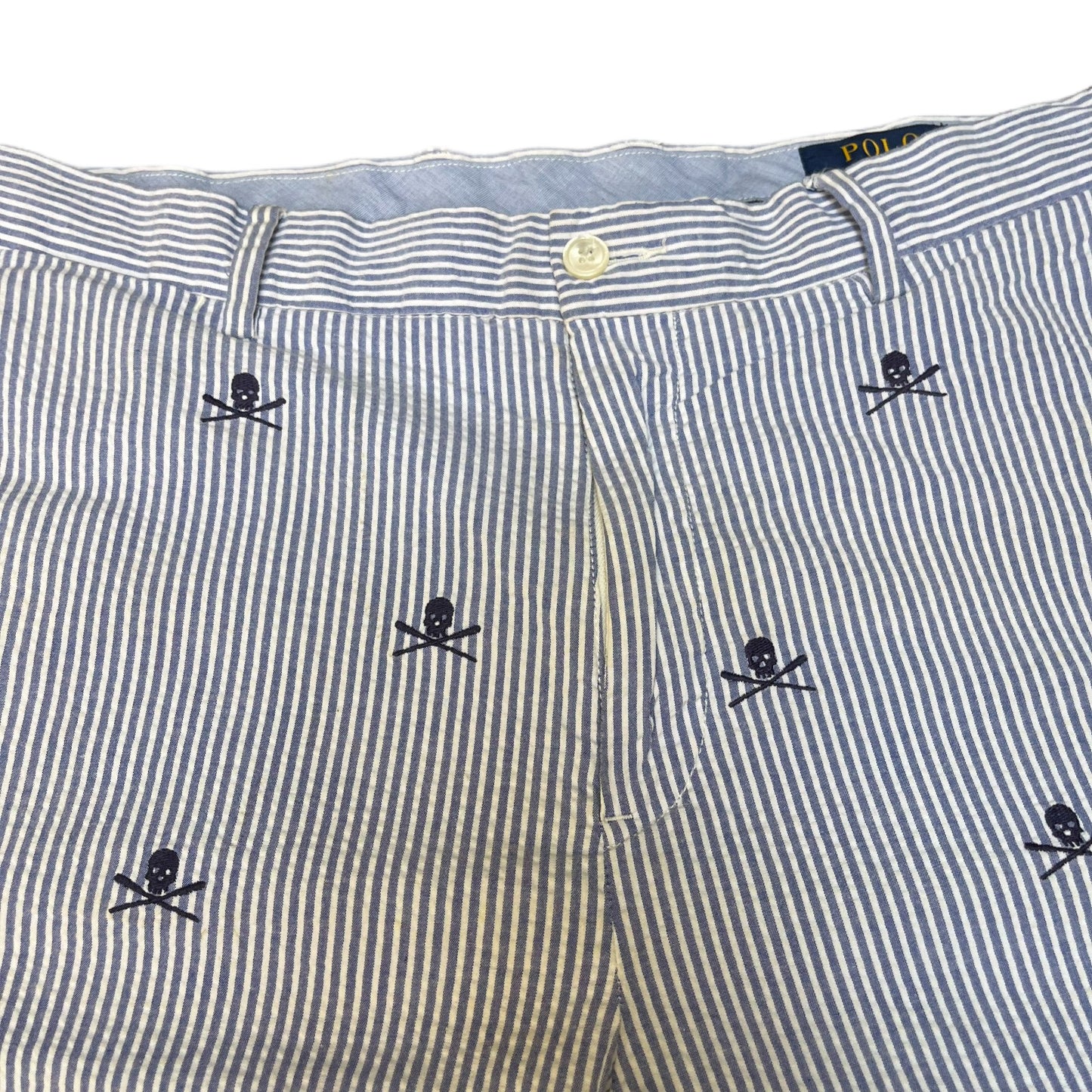 Polo Ralph Lauren Shorts Fits as Mens XL 35" Waist Blue White Seersucker Skull