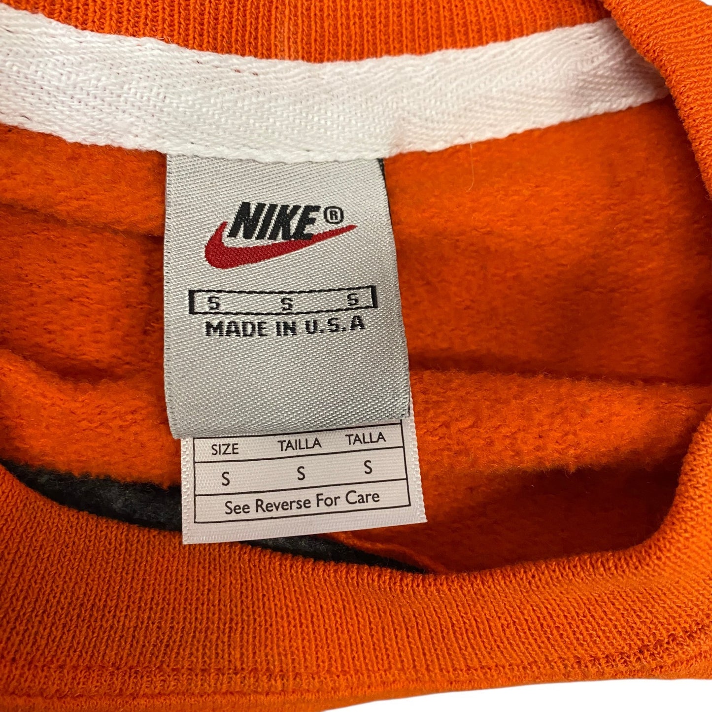 Nike Reworked Sweatshirt Mens S Orange Black Embroidered Spellout Logo Vtg Y2K