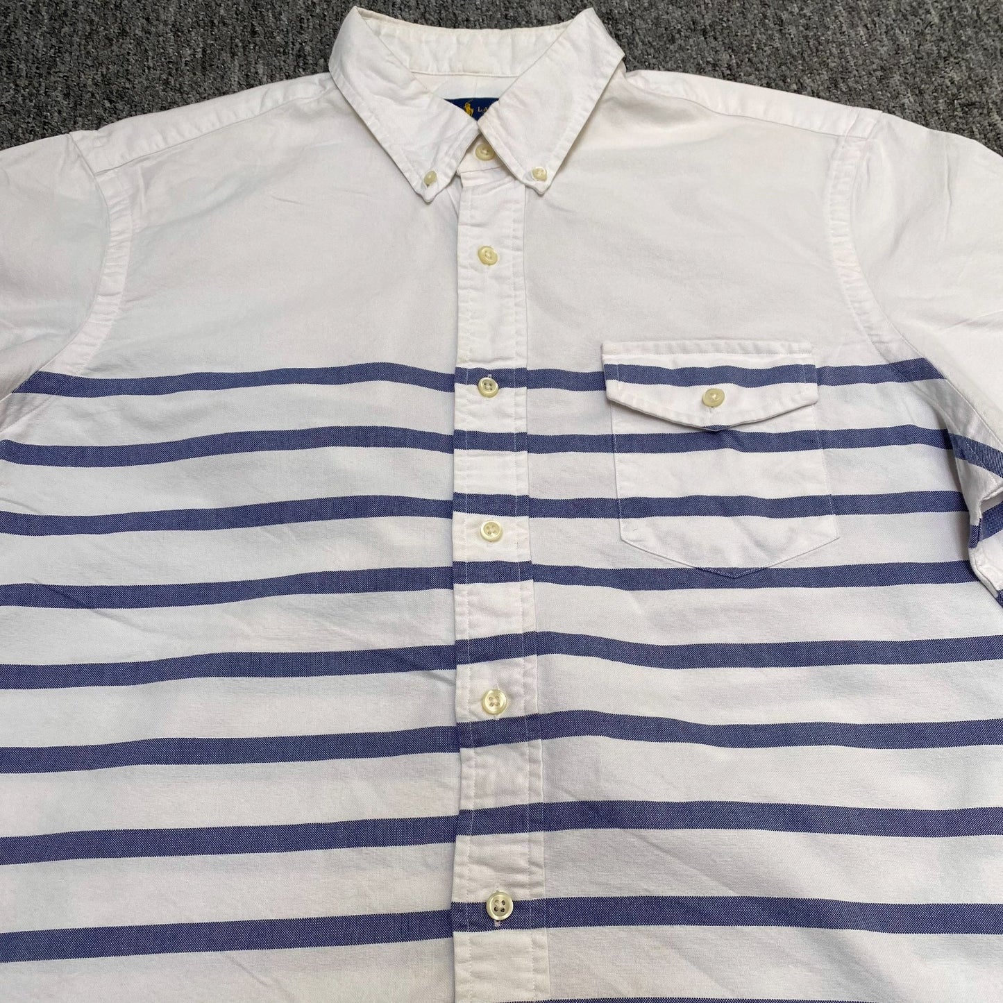 Ralph Lauren Shirt Mens L White Blue Striped Short Sleeve Pocket Button Down